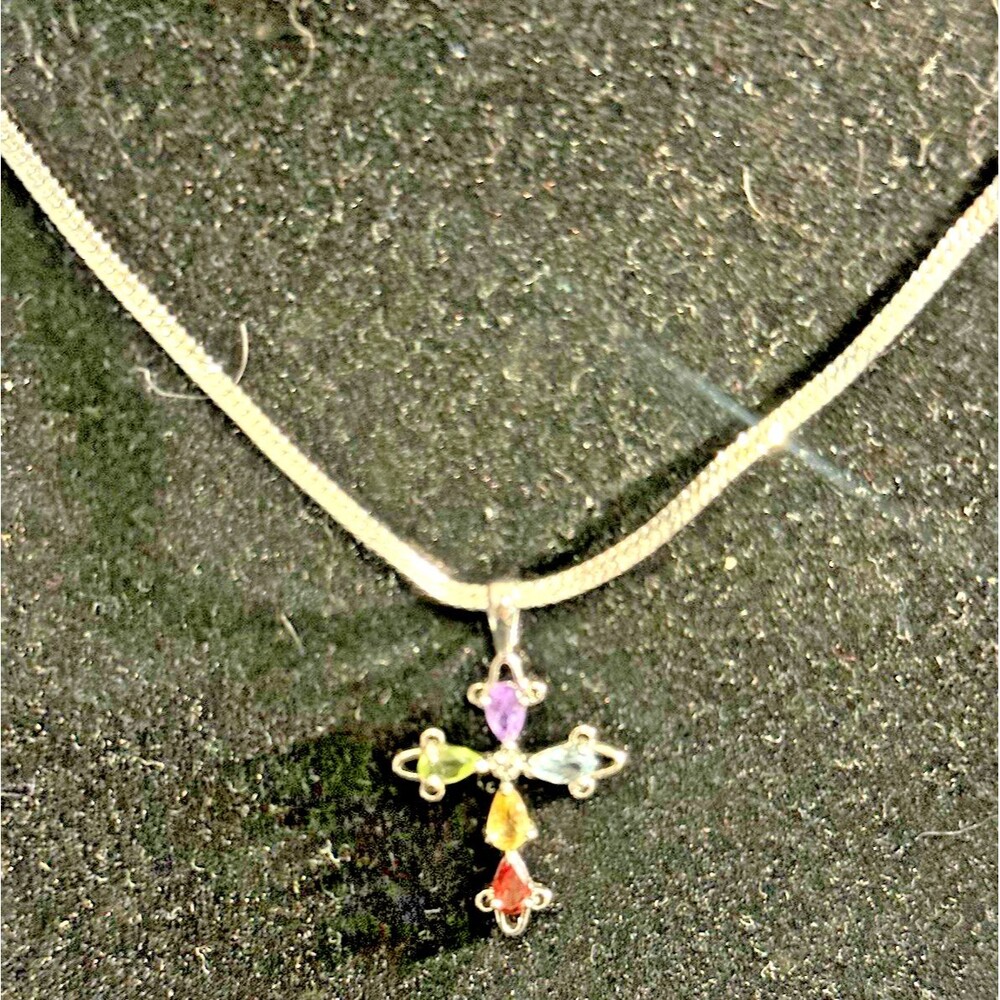 New Genuine Multi-Gemstone Sterling Silver Cross Pendant Necklace 22" chain